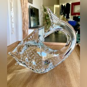 Vtg FM Konstglas Ronneby Sweden Bullicante Bubble Art Glass Swordfish w/Sticker